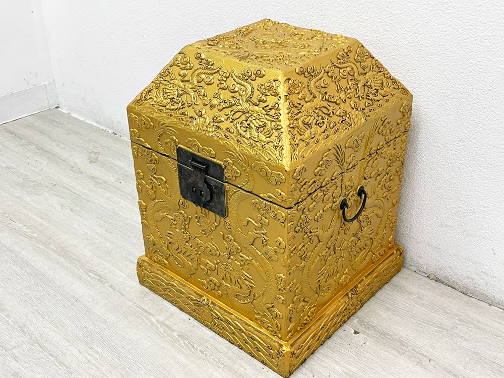 チャイニーズアンティークスタイル Chinese Antique Style 木製 雲龍紋 印箱 文箱 茶道具入れ 宝石箱 収納箱 ペインテッド ゴールド ●