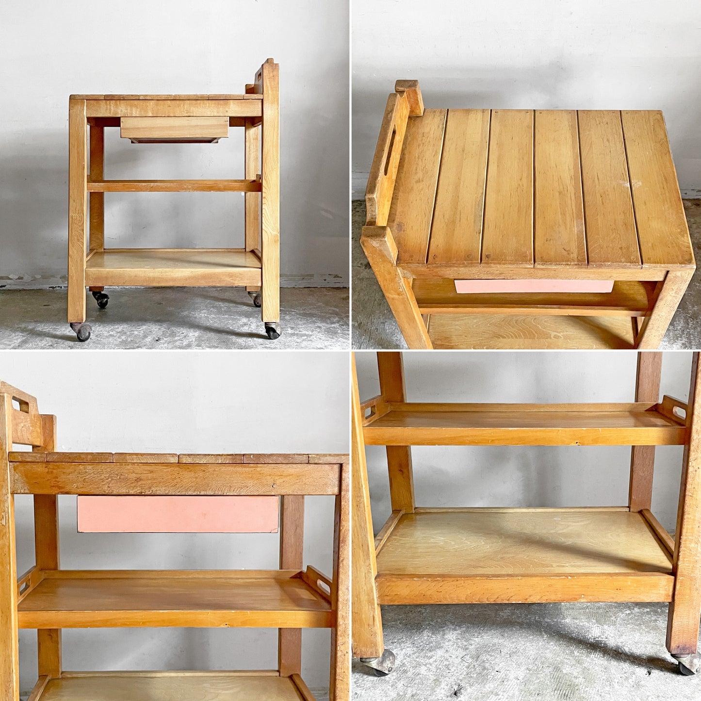 ビンテージ vintage 木製キッチンワゴン トロリー ドロワー＆トレイ付き ナチュラルスタイル ■