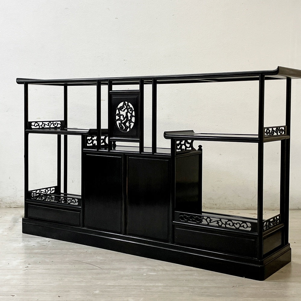 唐木家具 茶棚 違い棚 飾り棚 オープンシェルフ 透かし彫り W172cm 伝統工芸 銘木家具 ●