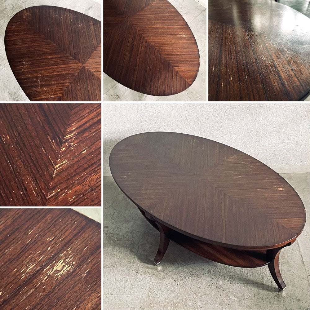 イーセンアーレン ETHAN ALLEN オーバル コーヒーテーブル センターテーブル W137cm 放射状木目 下棚付き クラシカルデザイン 現状品 〓