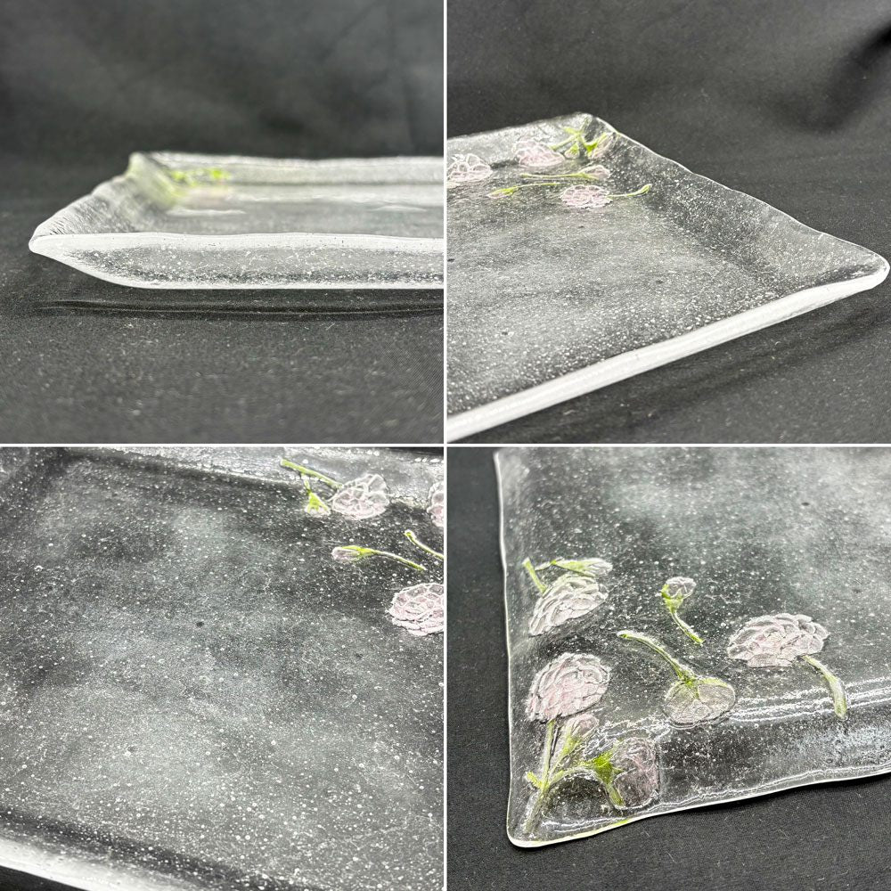 岡田多恵 ガラス 角皿 スクエアプレート パートドヴェール 花 24cm 現代作家 ●