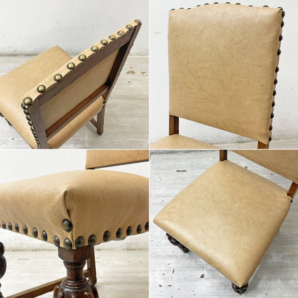 UKビンテージ Vintage ダイニングチェア オーク材 PVCレザーシート 鋲打ち バルボスレッグ 英国家具 英国アンティーク B ●