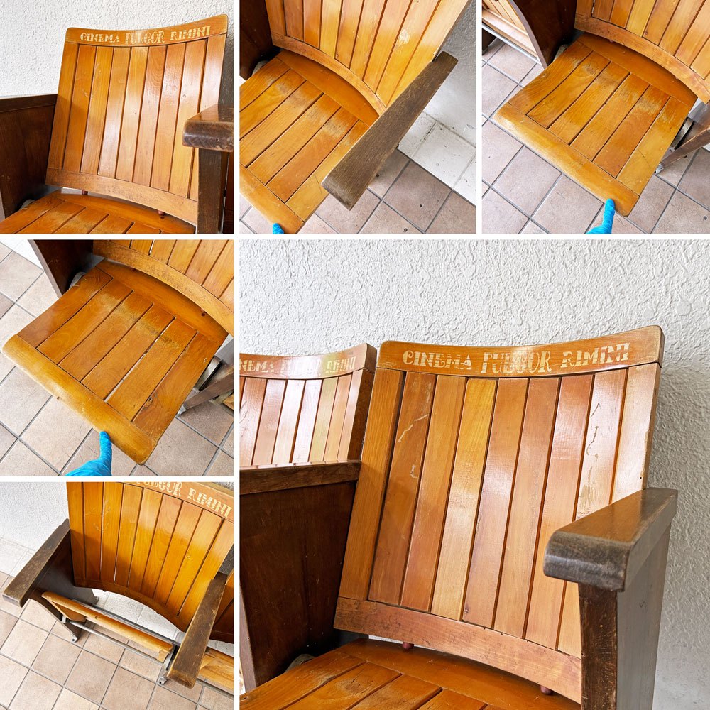 ビンテージ Vintage 木製 シアターチェア シネマチェア 2連 フォールディングチェア 跳ね上げ式 イタリア 店舗什器 H81㎝ ◇