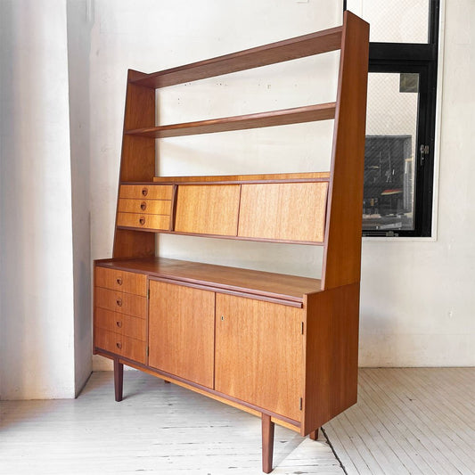 スウェーデンビンテージ Swedish Vintage チーク材 キャビネット シェルフ ハイタイプ 4スライドドア＋7ドロワー デスク W136cm 鍵付き 北欧 ★