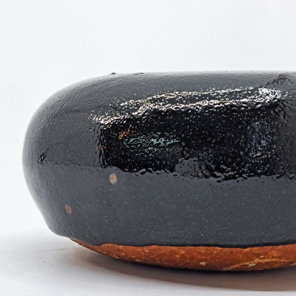 壷田和宏・亜矢 黒釉 オブジェ Φ13.5x7cm 現代作家 ●