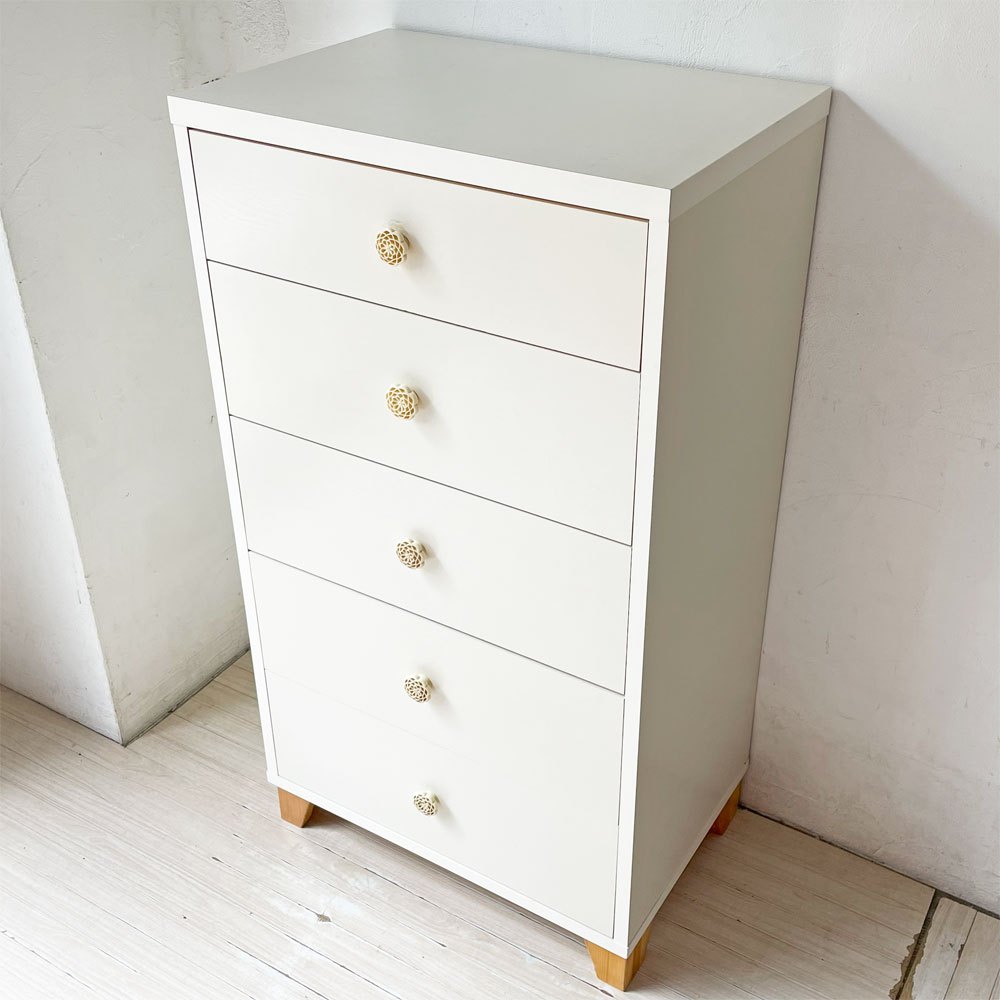 モモナチュラル Momo Natural ラブチェスト LOVE CHEST 60-5 トールチェスト 抽斗5杯 ホワイト 社外ハンドル 定価￥29,500- ★