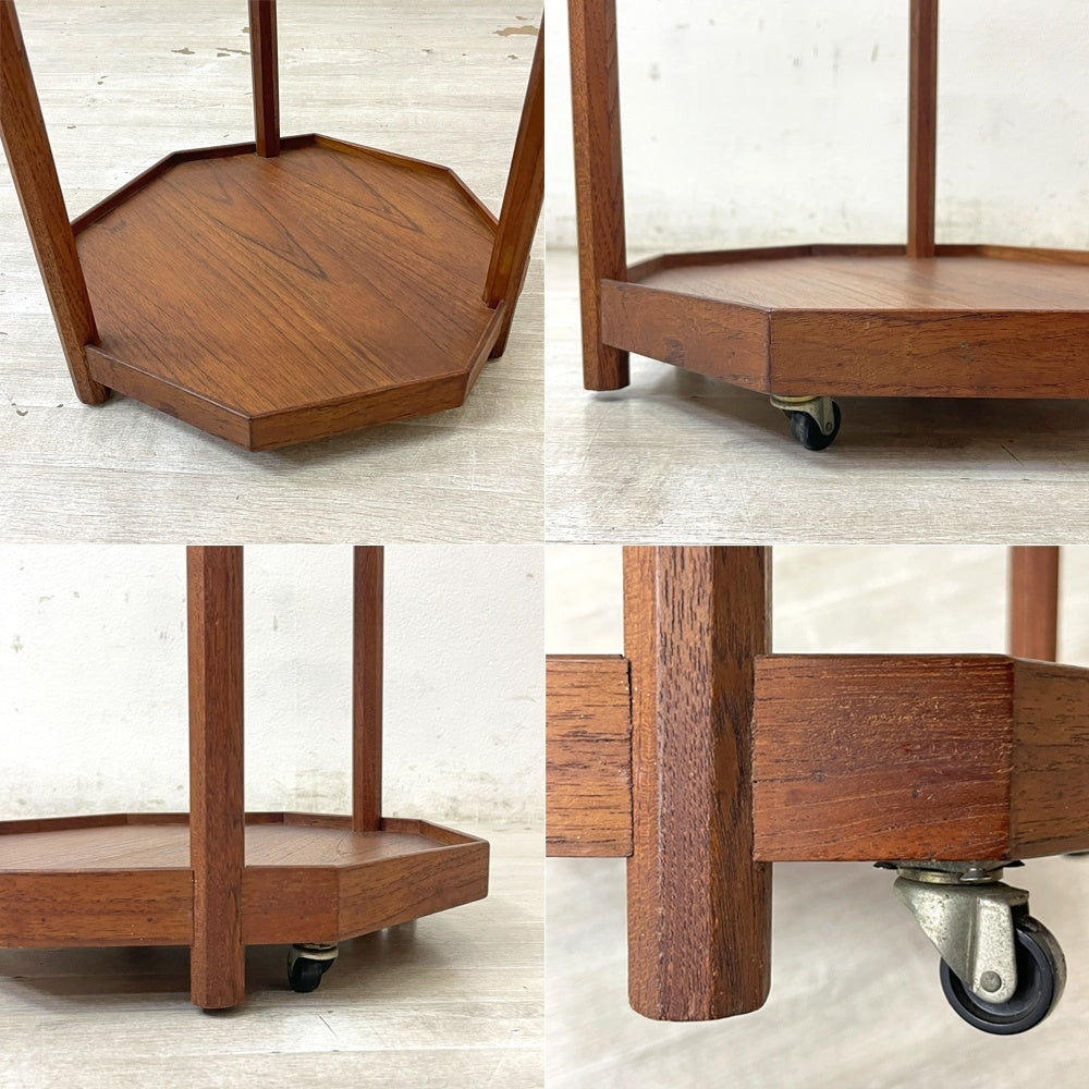 ジャパンビンテージ チーク材 八角形 サイドテーブル 花台 キャスター付き vintage ●