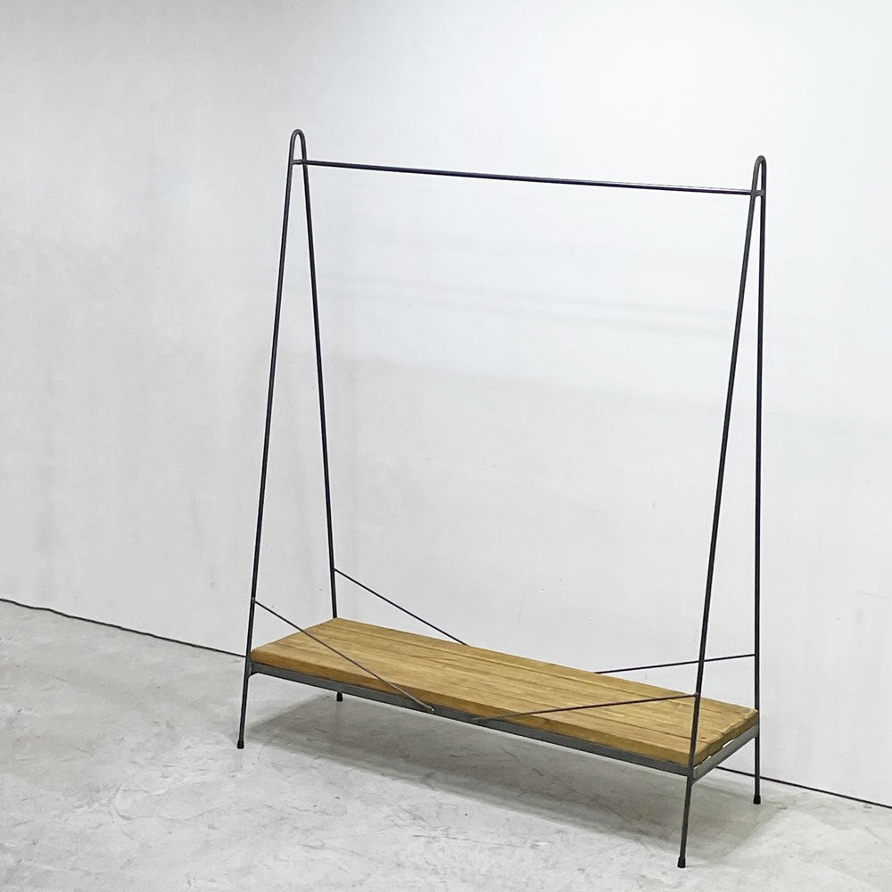 インダストリアルデザイン Industrial Design スチール製 ハンガーラック ウッド収納棚付き ブラック シャビーシック 店舗什器 ●