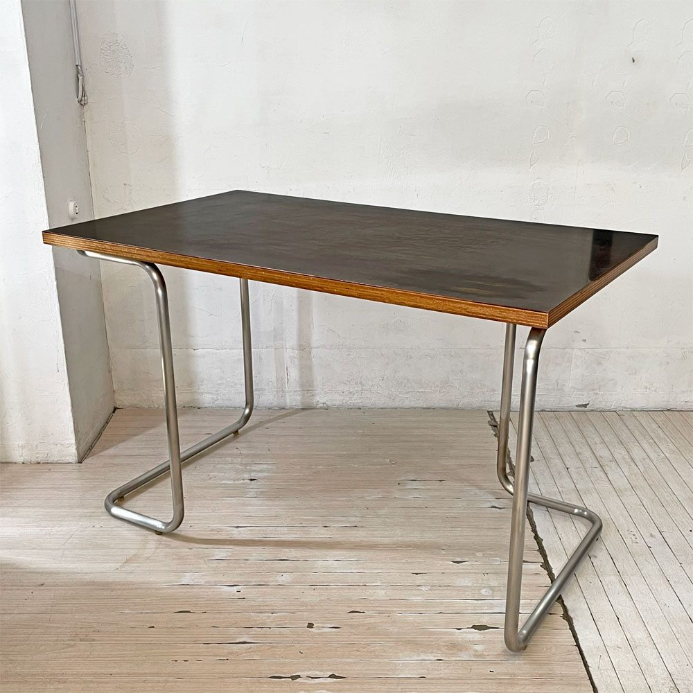 イデー IDEE 積層天板 × パイプ脚 ワークテーブル W120cm ダークブラウン ビンテージ ミッドセンチュリー インダストリアル ★