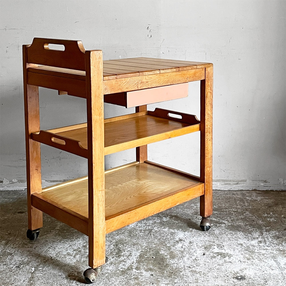 ビンテージ vintage 木製キッチンワゴン トロリー ドロワー＆トレイ付き ナチュラルスタイル ■