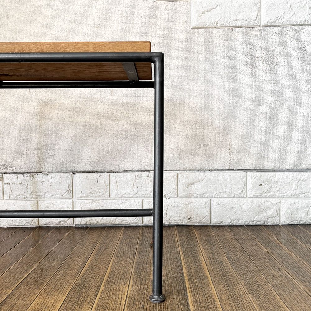 ヒロファニチャー hiro furniture オーク材 × アイアンフレーム サイドテーブル スツール 花台 W45cm インダストリアル ◎