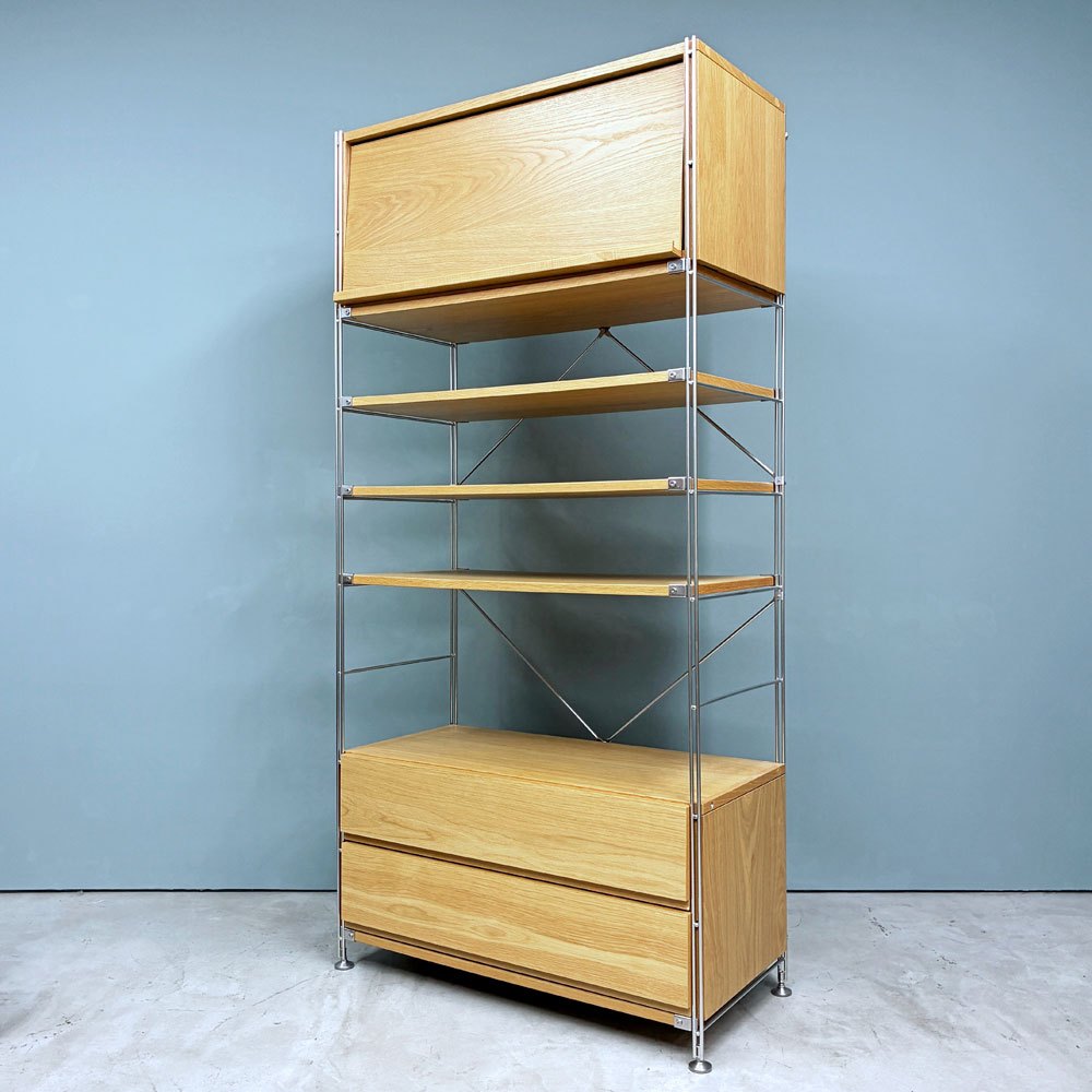 無印良品 MUJI ステンレスユニットシェルフ 1列7段 W86cm フラップ扉＆引き出しユニット付 オーク材 ◎