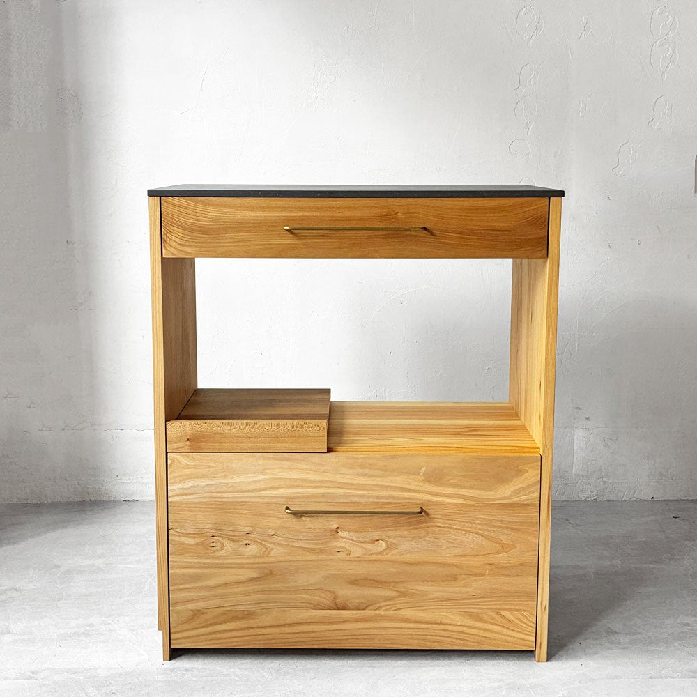 ヒダコレ家具 HIDA Collection キッチンボード ニレ材 セラミック天板 マーブル調 W75cm ホテルライク モダン オーダーファニチャー 国産家具 ★