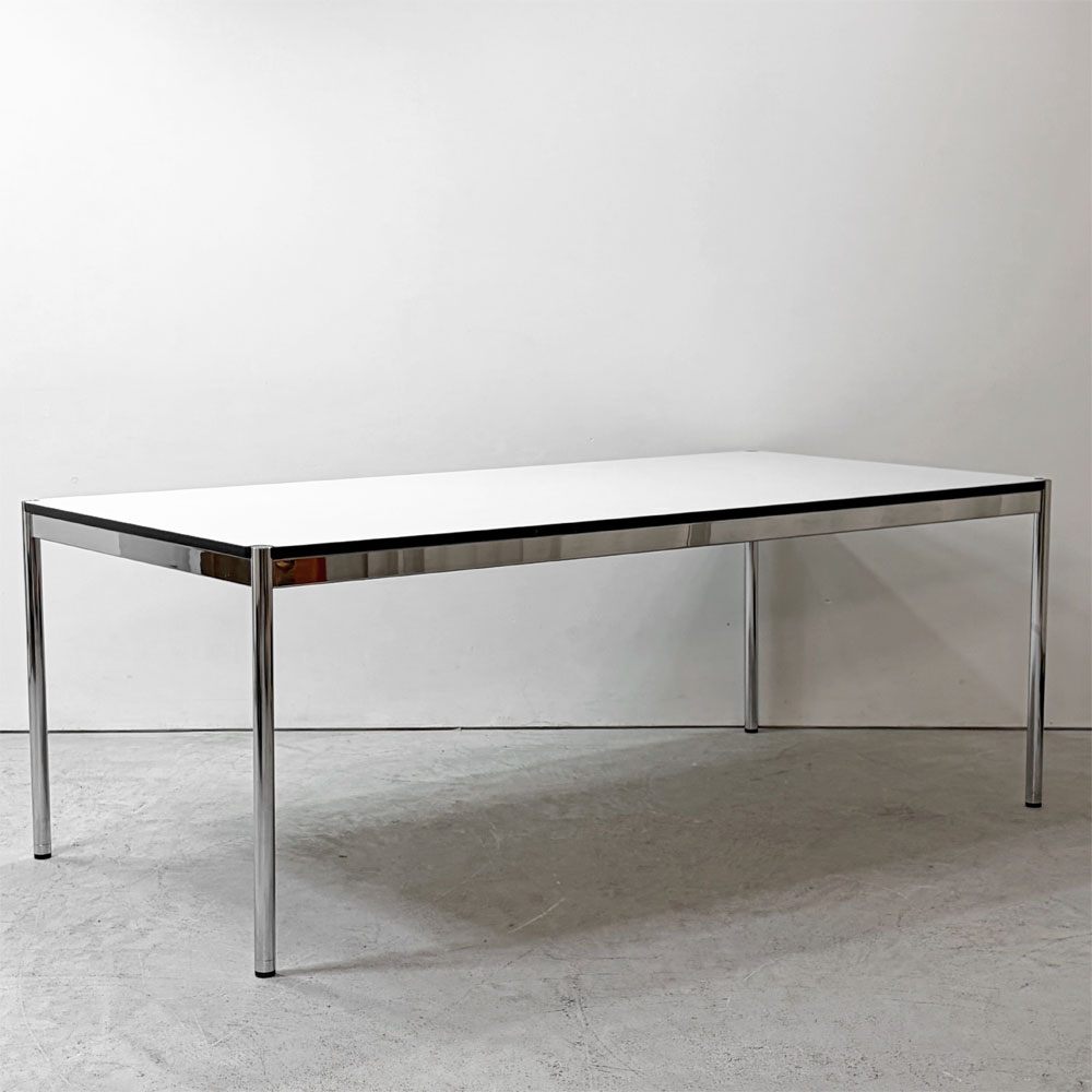 USMモジュラーファニチャー USM Haller USMハラーテーブル ワーキングデスク W200cm アジャスター パールグレーラミネート  ホワイト 高さ調整機能 リング付 モダンデザイン ●