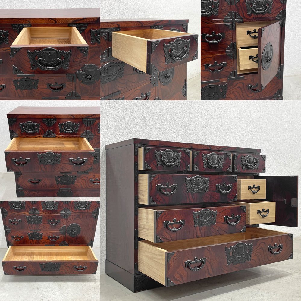 岩谷堂箪笥 チェスト 欅材 4段6杯 整理ダンス W100cm 伝統工芸品 漆塗 南部鉄器金具 民芸家具 和家具 〓