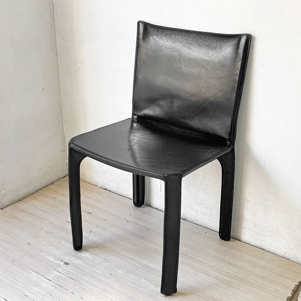 カッシーナ Cassina キャブチェア 412 CAB CHAIR アームレス 本革 ブラック マリオ・ベリーニ MoMA イタリアンモダン 定価￥308,000- ★