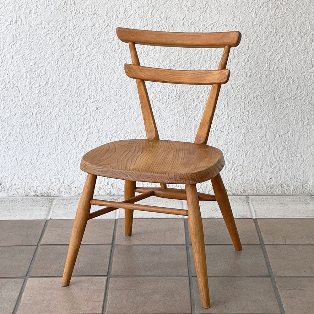 アーコール Ercol ダブルバックチェア イエロードット スタッキング スクールチェア エルム材 英国 UKビンテージ ◇