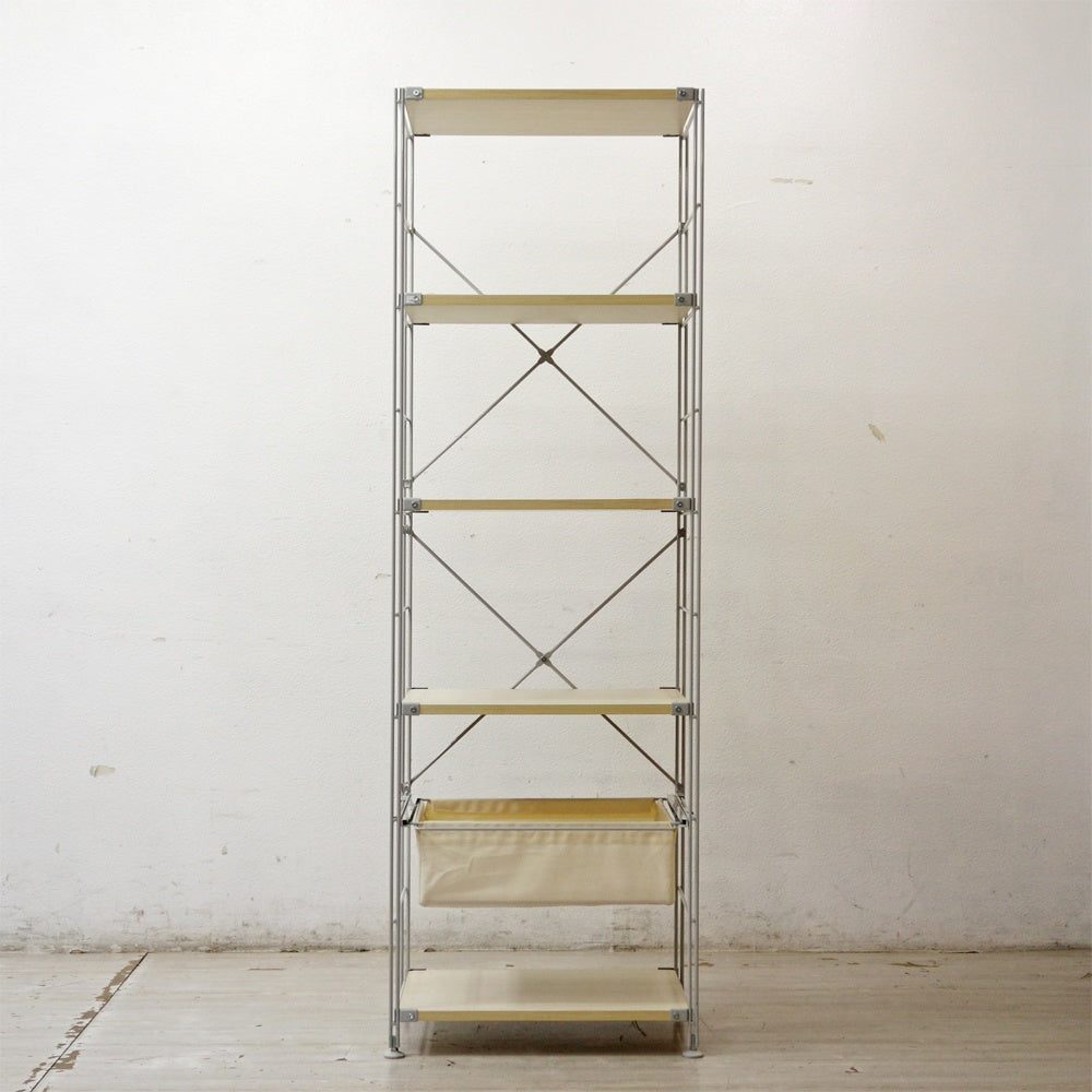 無印良品 MUJI スチールユニットシェルフ オープンシェルフ 5段 W58cm H175㎝ 木製棚板 帆布バスケット ●
