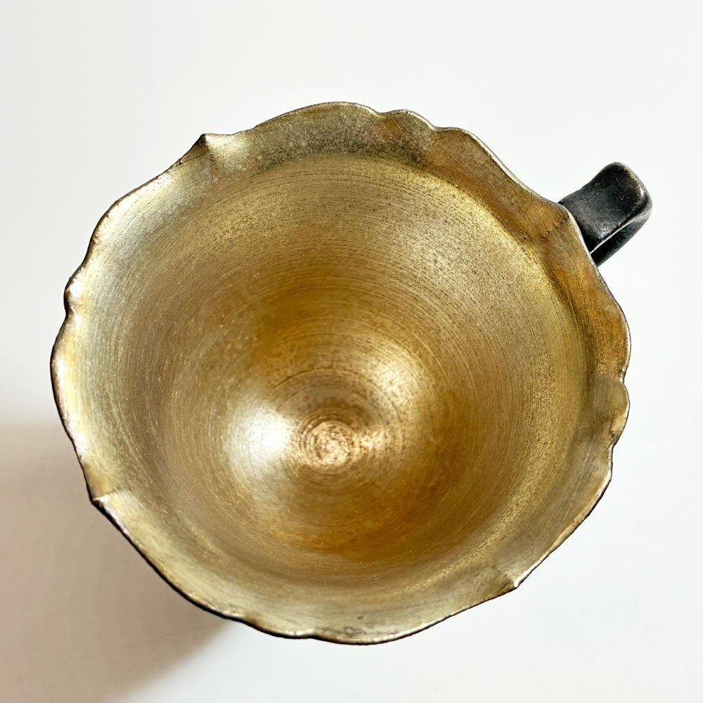 木下和美 黒釉輪花 デミタスカップ 金彩 黒釉 磁器 H7.5cm 現代作家 B ★
