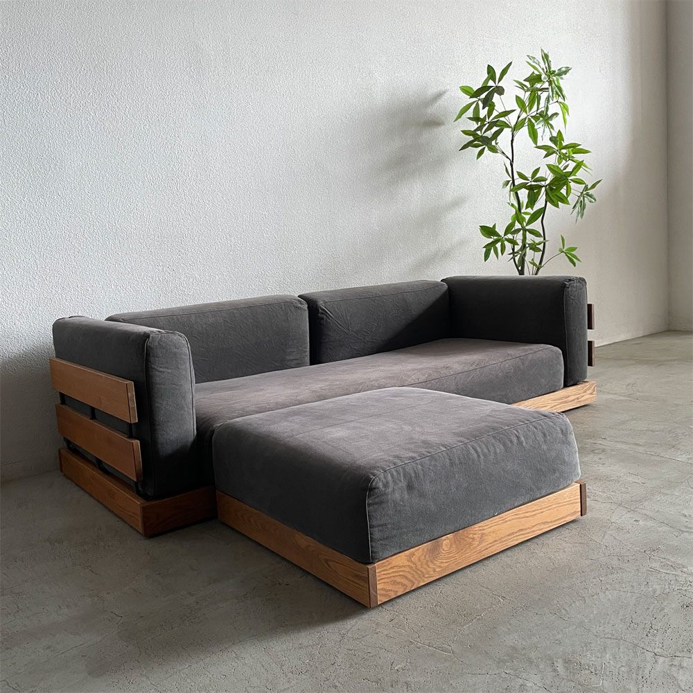 モモナチュラル Momo Natural エヌ・ボックス ソファ 3P ＋ オットマン N.BOX SOFA 3P + OTTOMAN L オーク材 旧型 ウッドベースタイプ 参考合計価格26万円～ 〓