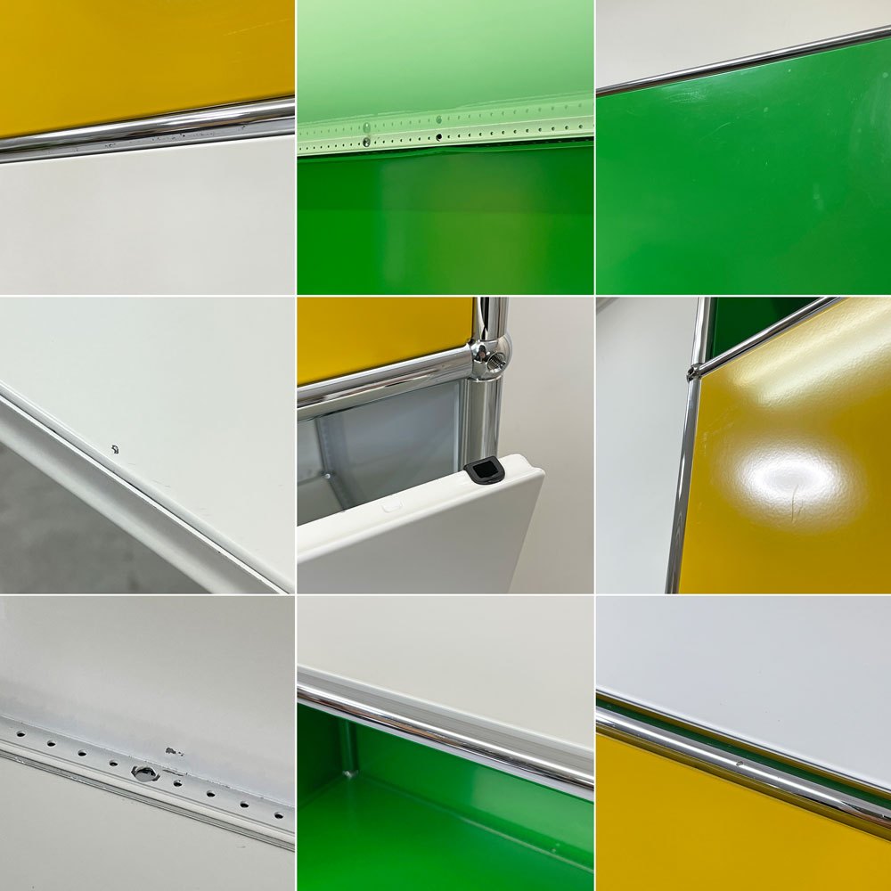 USMハラー USM Haller モジュラーファニチャー キャビネット シェルフ 1列5段 ドロップダウンドア×2 USMグリーン ゴールデンイエロー ピュアホワイト スイス 鍵付き ●