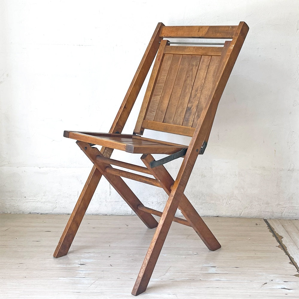 US ビンテージ スラットバック フォールディングチェア 折り畳み椅子 木味 カントリー アンティーク 米国 B ★