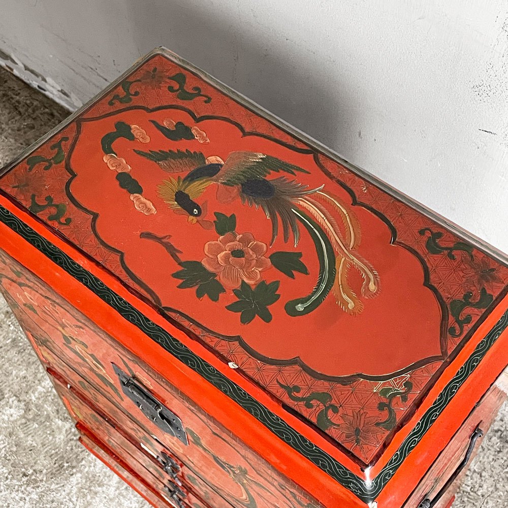 中国家具 箪笥 抽斗 収納箪笥 小引き出し ミニキャビネット ハンドペイント 朱漆 花鳥図 Ｈ60cm 錠前欠品 現状品 ■
