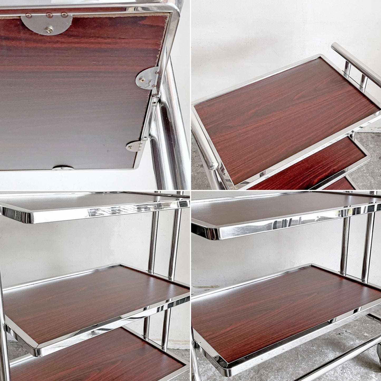 レトロデザイン サービスワゴン オープンシェルフ 木目調 キャスター付き 店舗什器 W67×H91cm ■