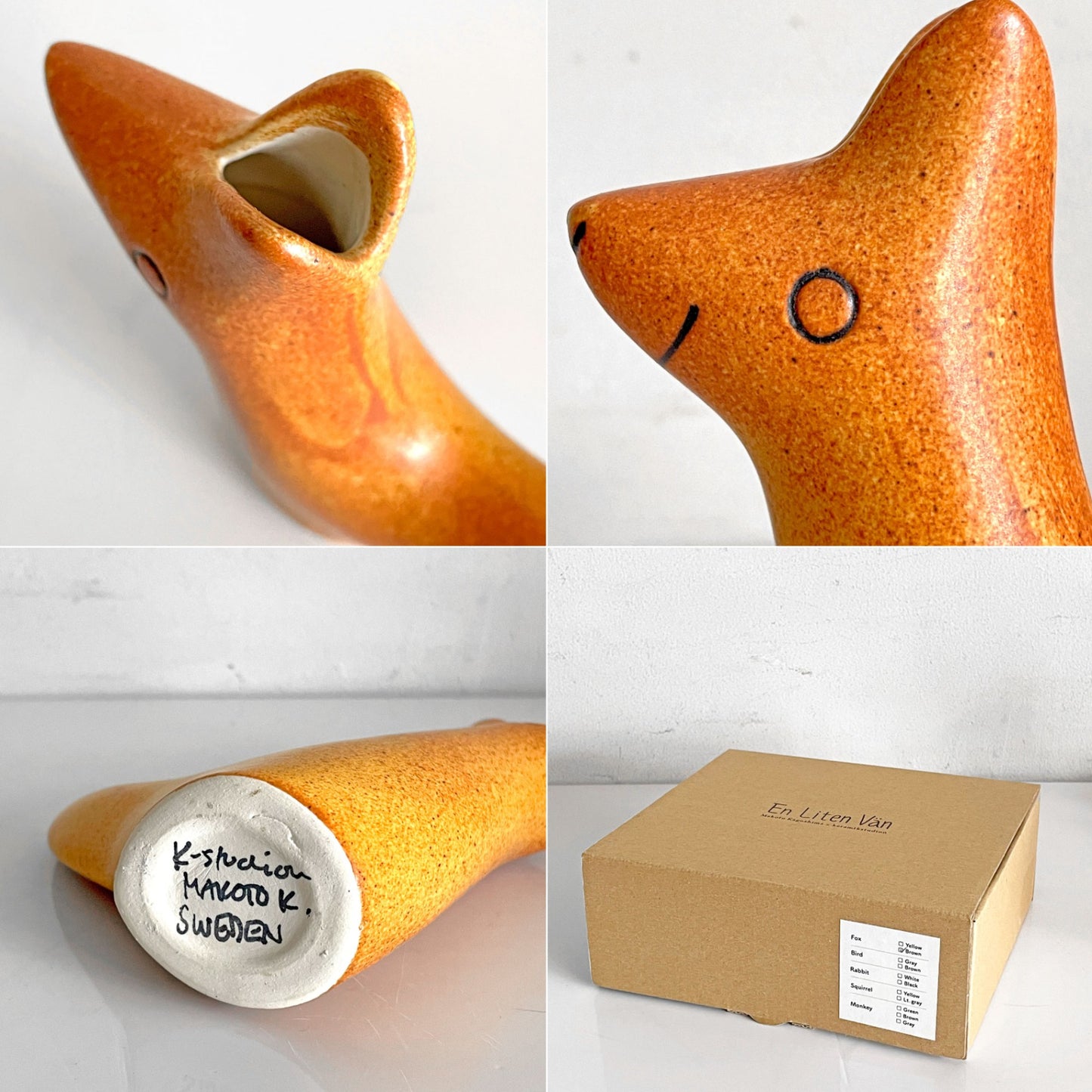 鹿児島睦 Makoto Kagoshima エンリトゥンヴァン En Liten Van きつね FOX ブラウン フラワーベース オブジェ 陶器 Keramikstudion 北欧 スウェーデン 現代作家 ■