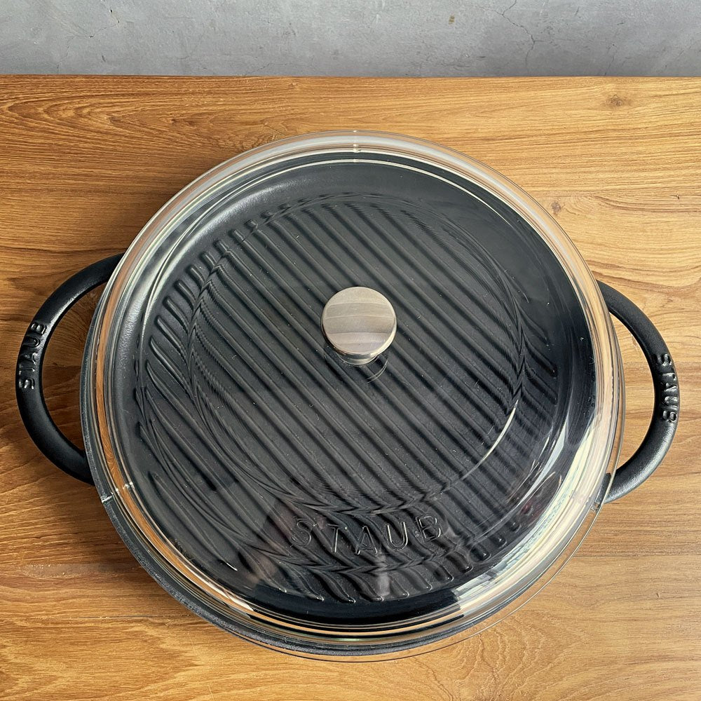 ストウブ STAUB ピュアグリル グリルパン 30cm ラウンド ガラス蓋セット 両手 鋳鉄 ブラック フランス 定価￥36,850-♪