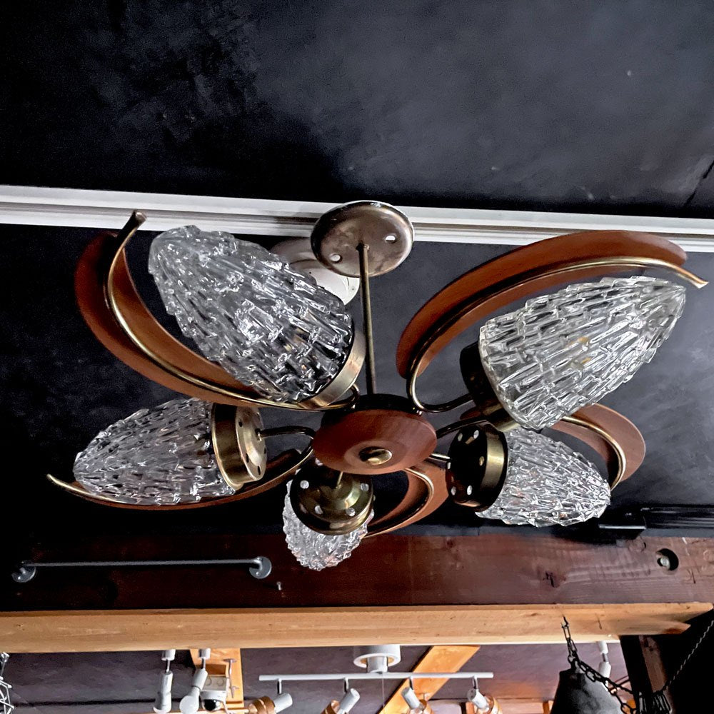 UKビンテージ UK Vintage 5灯 ペンダントライト ガラスシェード チーク材 60～70年代 ミッドセンチュリーデザイン 北欧スタイル 要電気工事 ♪