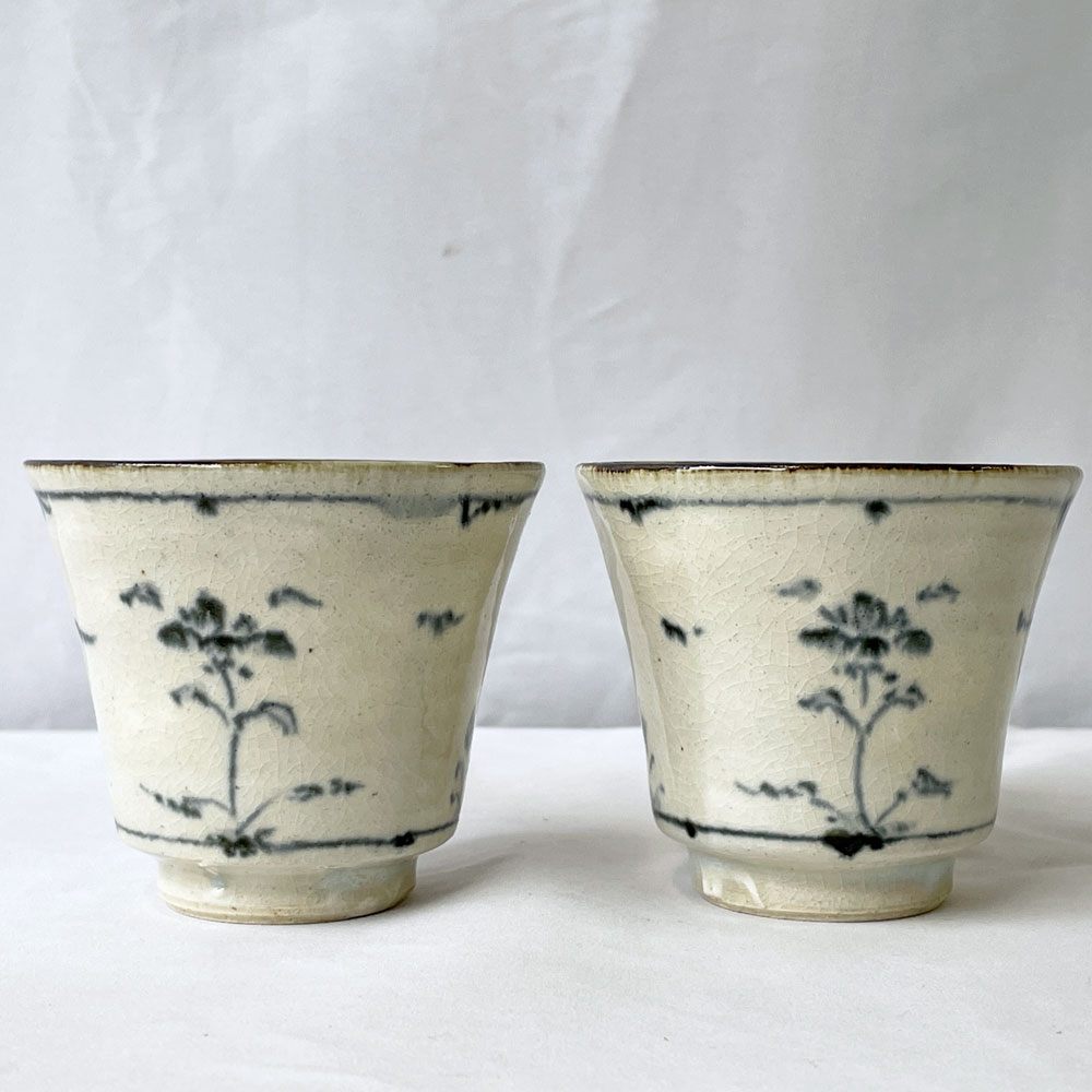 藤田佳三 染付小湯呑 カップ 2客セット 陶器 植物 花 現代作家 ◇
