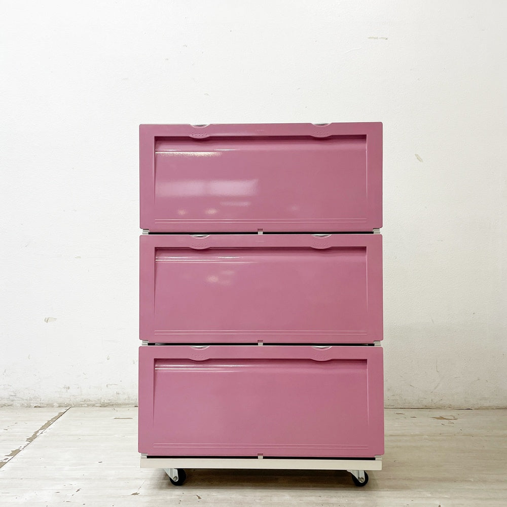 タッパーウェア Tupperware スーパーチェスト ワイド Super chest Wide 引出1段 ピンク 3段セット 専用カート付 ●
