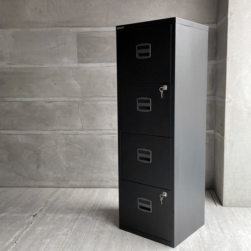 ビスレー QUBE By BISLEY ファイリング デスクキャビネット ブラック 4ドロワー A4サイズ オフィス家具 鍵付き 英国 廃番 ♪