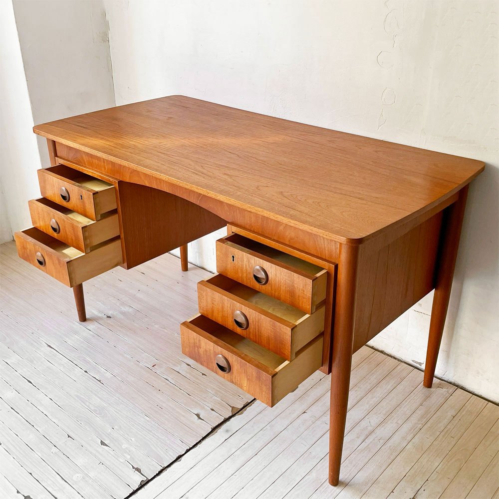 デンマークビンテージ Danish Vintage チーク材 6ドロワー 両袖デスク 6dr Teak Double sleeve desk 背面収納 北欧家具 ★