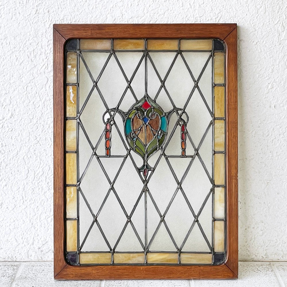 ヨーロピアンビンテージ ステンドグラス stained glass 木枠 窓枠 ディスプレイ パネル 店舗什器 シャビーシック ラスティック ◇