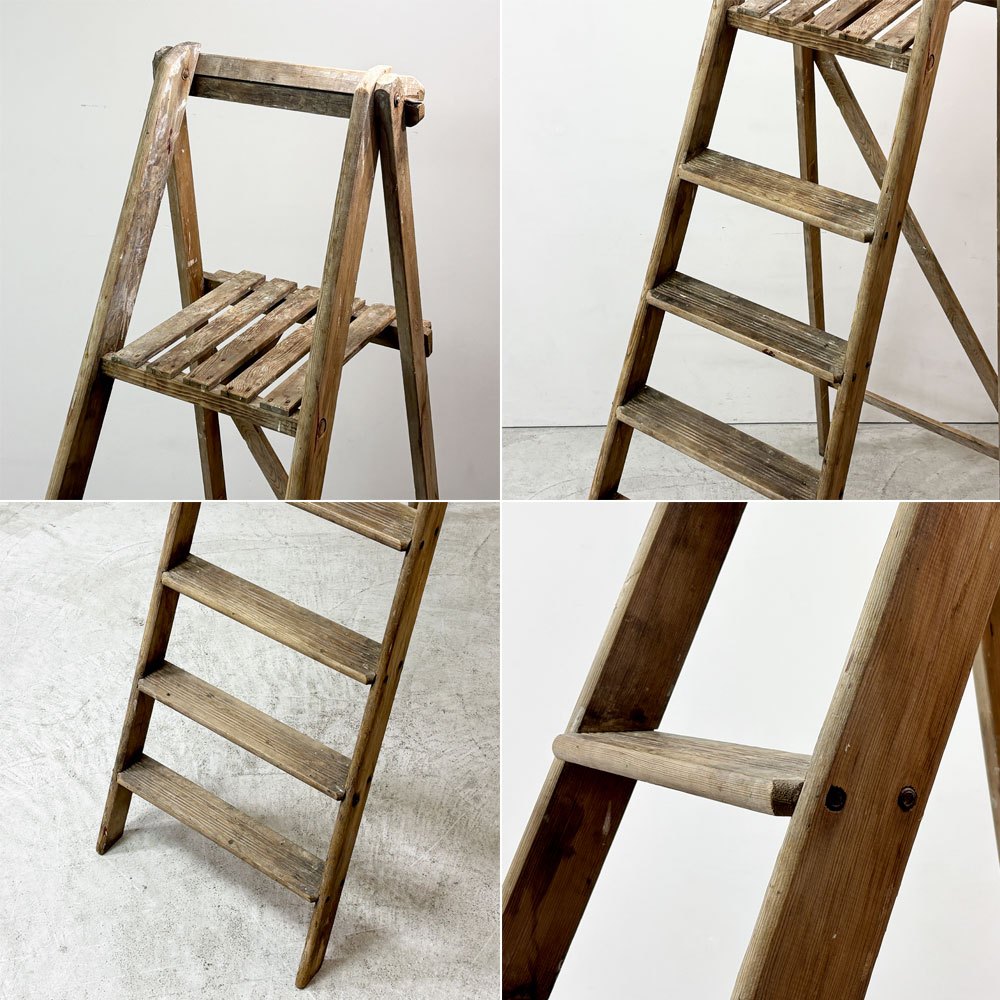 ビンテージ vintage 木製 ステップラダー 脚立 8段 ディスプレイラック 折りたたみ式 店舗什器 古道具 ●