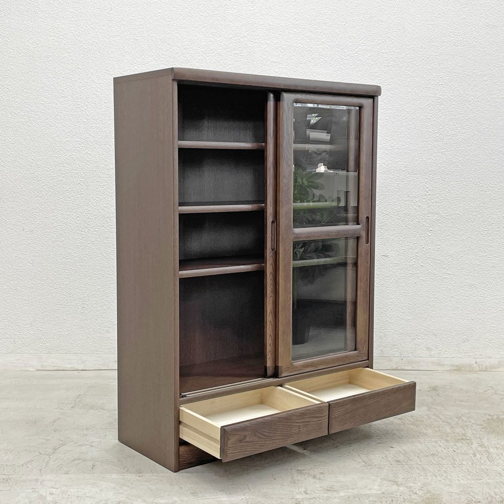 浜本工芸 No3600 書棚H 本棚 ミニキャビネット w85cm カフェオーク色 2ドロワー シンプルデザイン〓