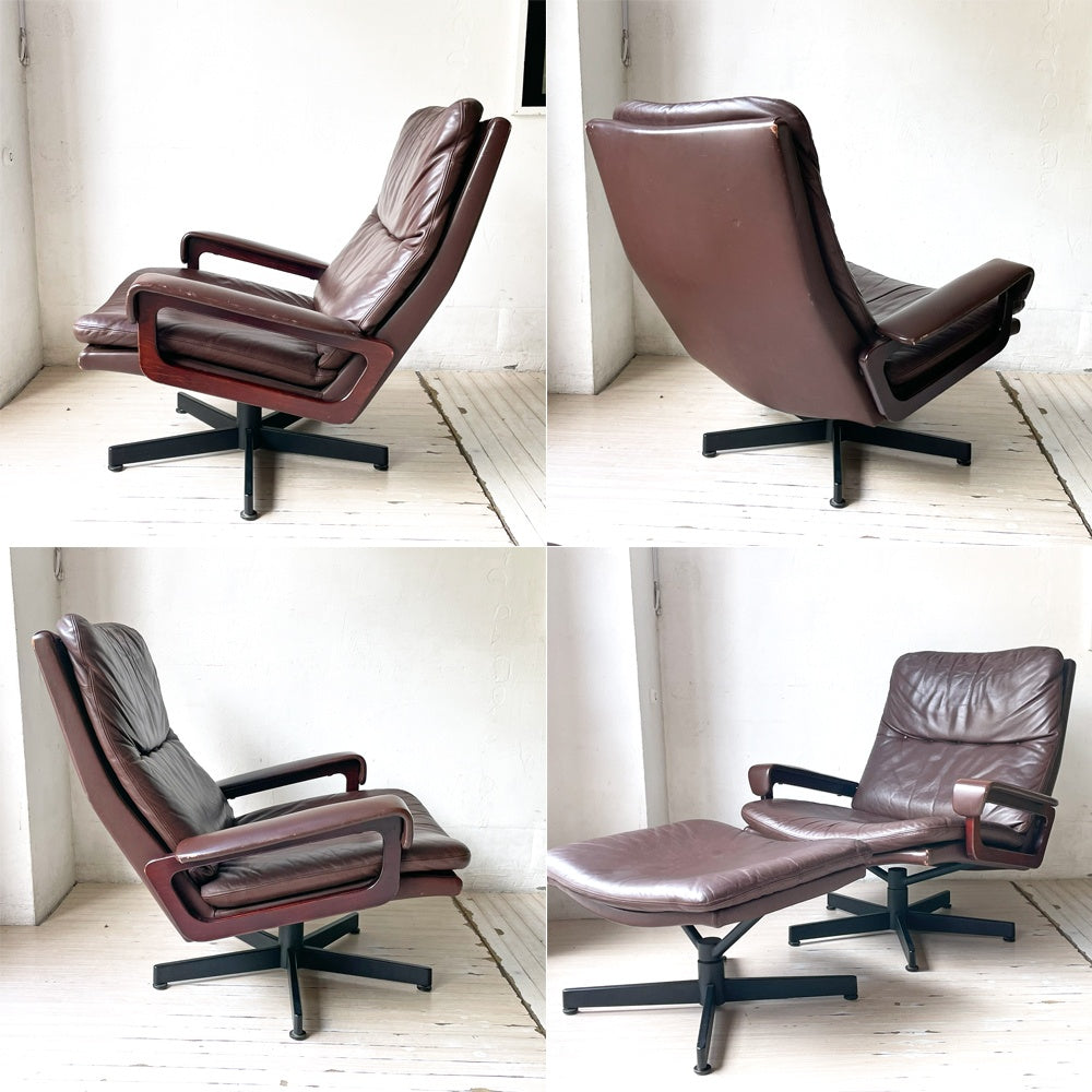 シュトレッセル Strassle ビンテージ キングチェア King chair + キングフットスツール King footstool レザー イージーチェア ブラウン スイス ★