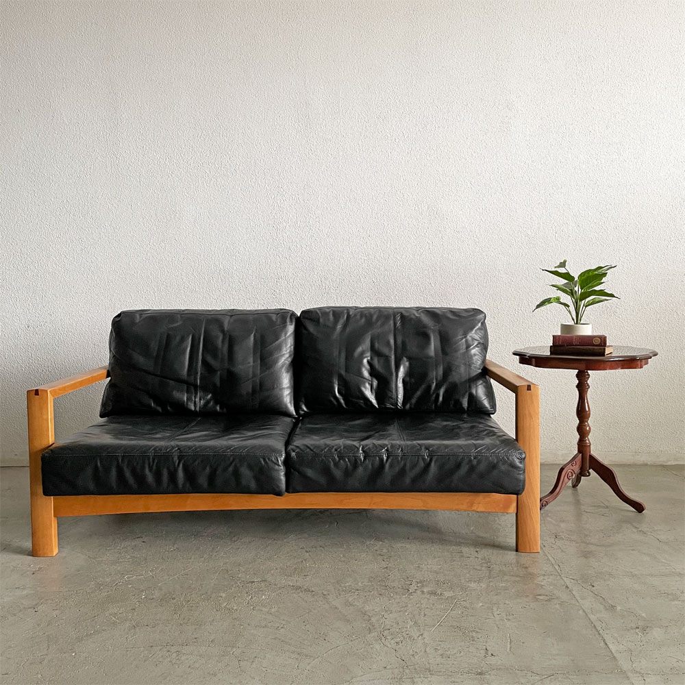 朝日木材加工 ASAHIWOOD ボスコ BOSCO エーボスコ A-BOSCO 2人掛けソファ W161cm チェリー無垢材 本革 ブラックレザー アクタス取扱 〓