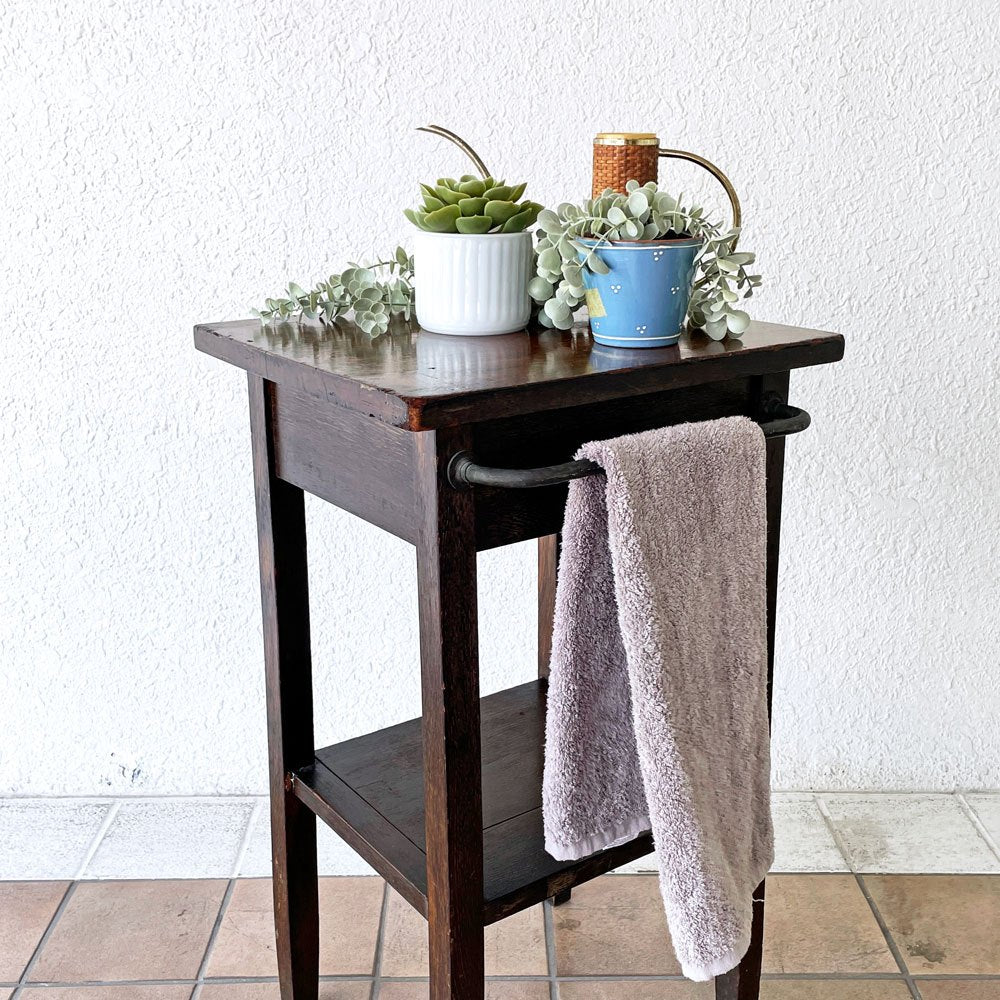 ジャパンビンテージ 木製花台 サイドテーブル フラワースタンド 抽斗1杯 ハンガーバー付き 古家具 店舗什器 ◇