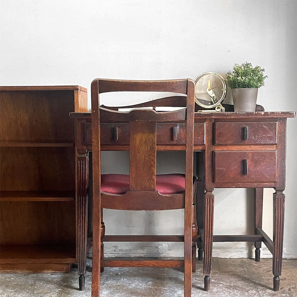 ジャパンビンテージ Japan Vintage 古い木味の片袖机 デスク 抽斗3杯 ブラウン 古家具 レトロ W90.5cm ■