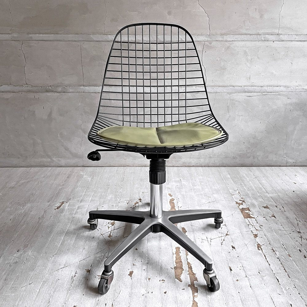 モダニカ MODERNICA ワイヤーチェア Wire Chair ブラックワイヤー ローリングベース キャスター ガス圧式昇降機能 シートパッド付 PVCレザー イームズ ミッドセンチュリー ♪