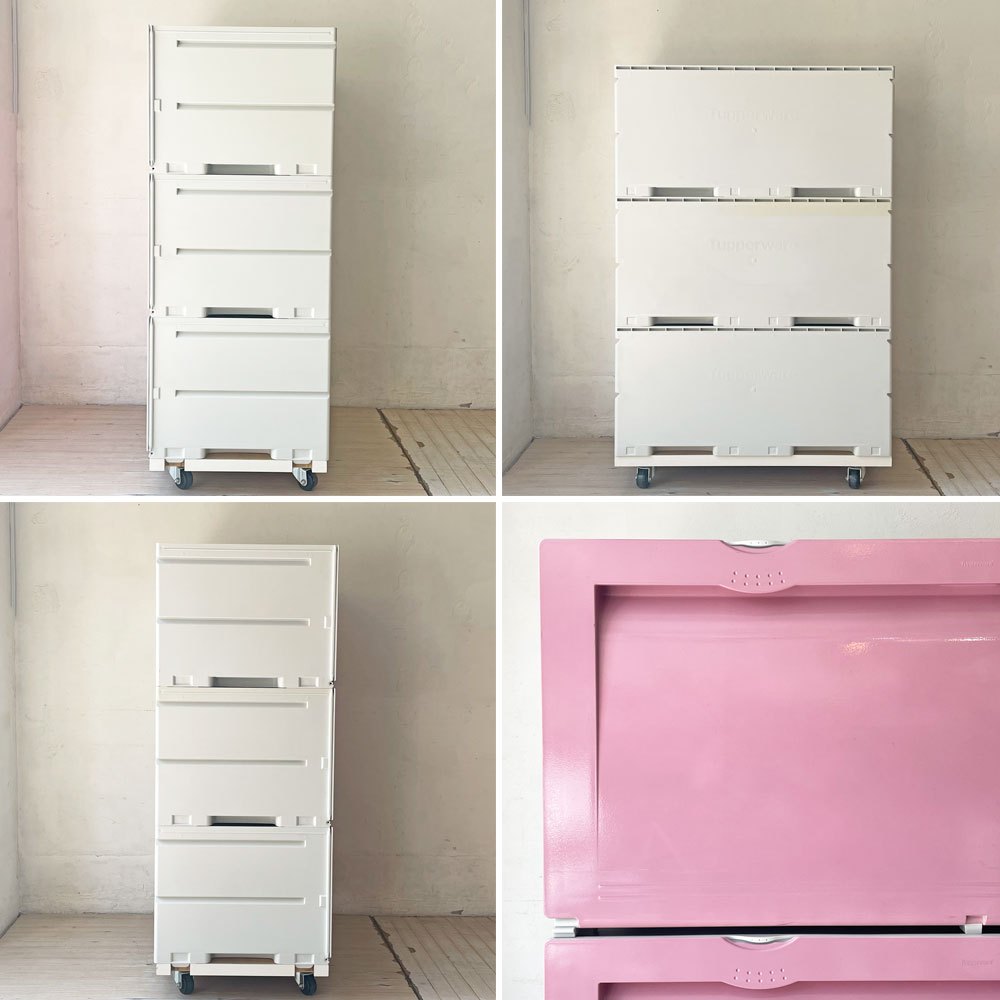 タッパーウェア Tupperware スーパーチェスト ワイド Super chest Wide 引出1段 ピンク 3段セット 専用カート付き ★