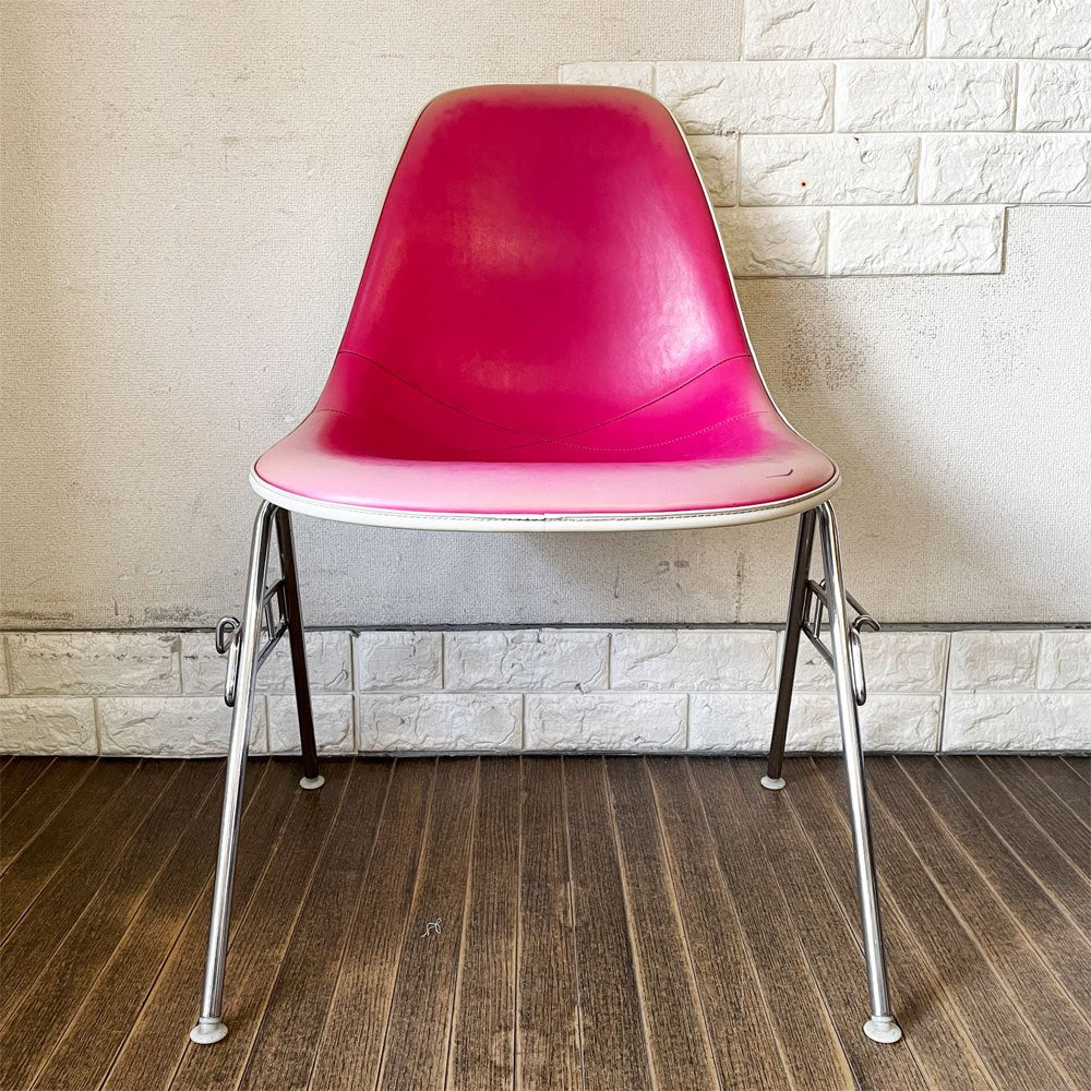 ハーマンミラー Herman Miller サイドシェルチェア FRP製 3rdビンテージ ホワイトシェル PVCレザー ピンク スタッキングベース C&R イームズ ミッドセンチュリー ◎