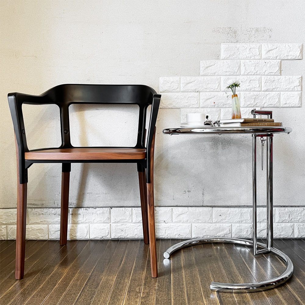 クラシコン ClassiCon アジャスタブルテーブル E1027 サイドテーブル ガラストップ クロームフレーム Φ50.5cm アイリーン・グレイ ドイツ 定価￥217,800- ◎