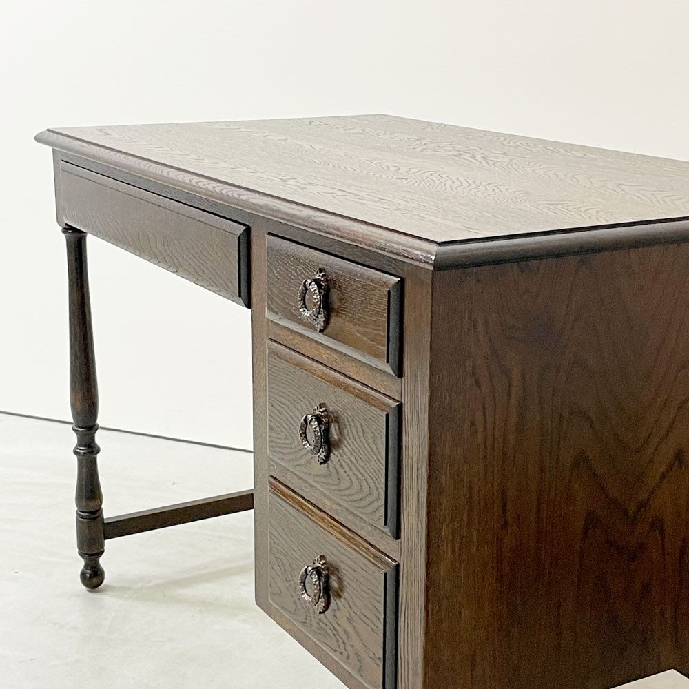 横浜元町 竹中家具 オーク材 片袖デスク 机 抽斗4杯 W106cm ろくろ脚 クラシカルデザイン 昭和レトロ ●