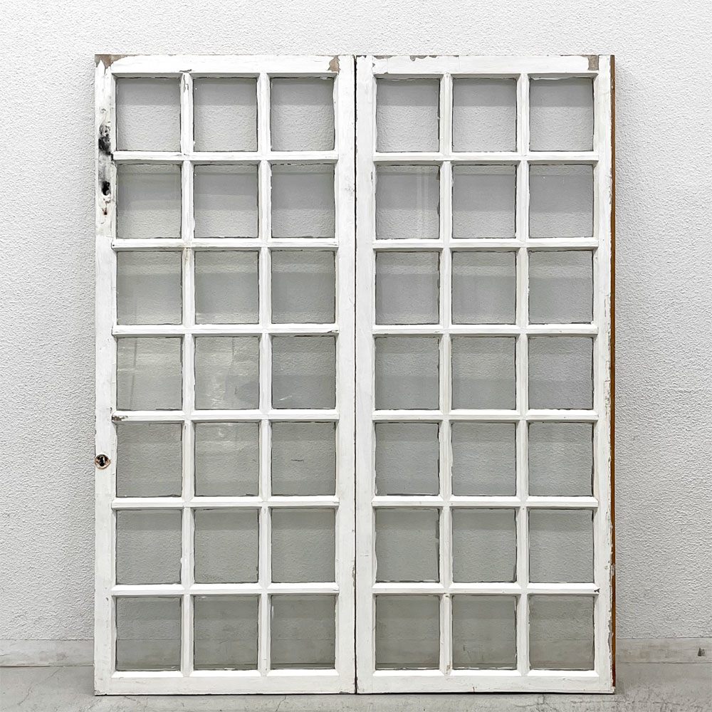 フランスアンティーク 格子窓枠 木枠×ガラス 2枚組 建材 建具 ビンテージ 〓