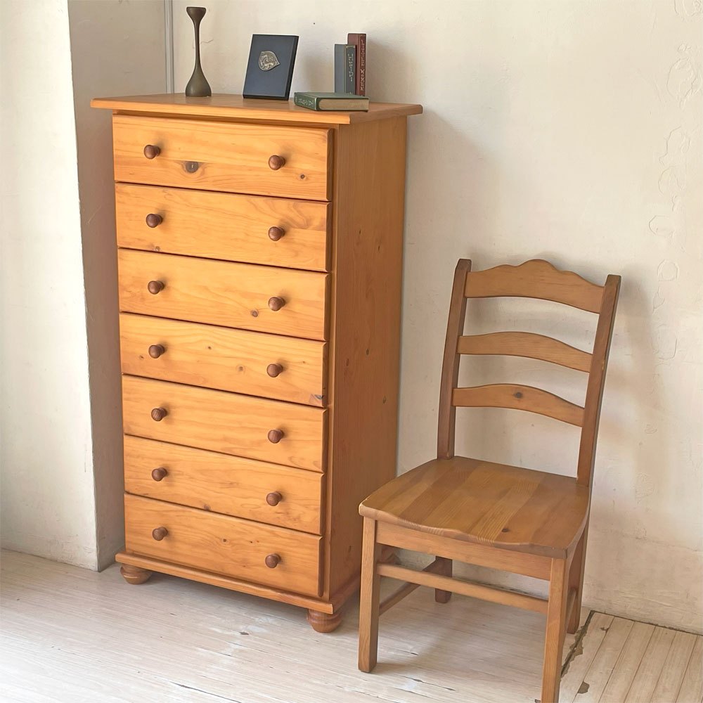 カントリースタイル パイン材 7段 ハイチェスト 7dr Pine Chest アンティーク調 収納家具 ロクロ脚  ★