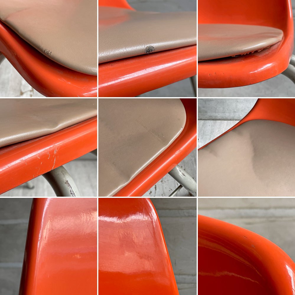 コトブキ KOTOBUKI スタッキングチェア FRP製 シェルチェア スチール脚 座面クッション付き オレンジ×オレンジ 剣持勇デザイン ビンテージ ジャパニーズミッドセンチュリー A ♪